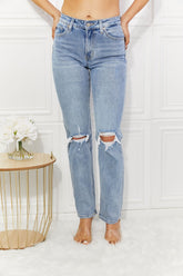Kancan Women's High Rise Distressed Slim Straight Jeans - Trendy Light Wash Denim